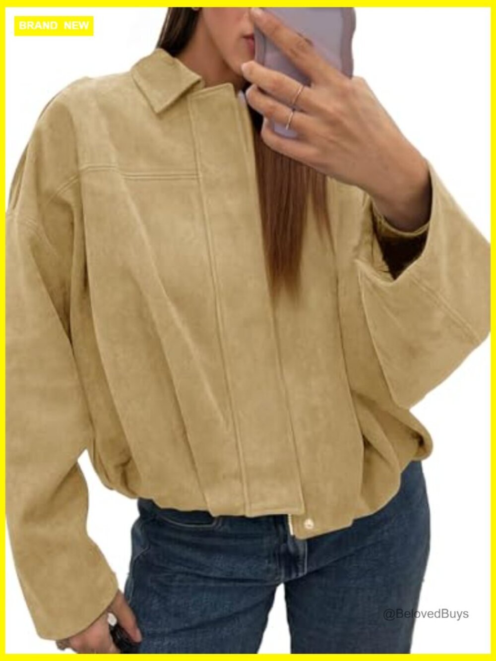 Faux Suede Bomber Jacket Oversized Cropped Zip Up Lapel Coat - Picture 2 of 7